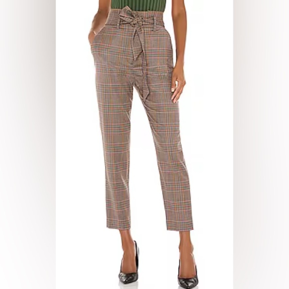 Veronica Beard Plaid Paperbag Waist Pants in Brown & Tan